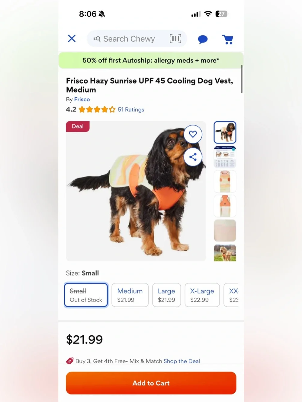 Hazy Sunrise UPF 45 Cooling Dog Vest - Orange/Cream | SMALL NWT